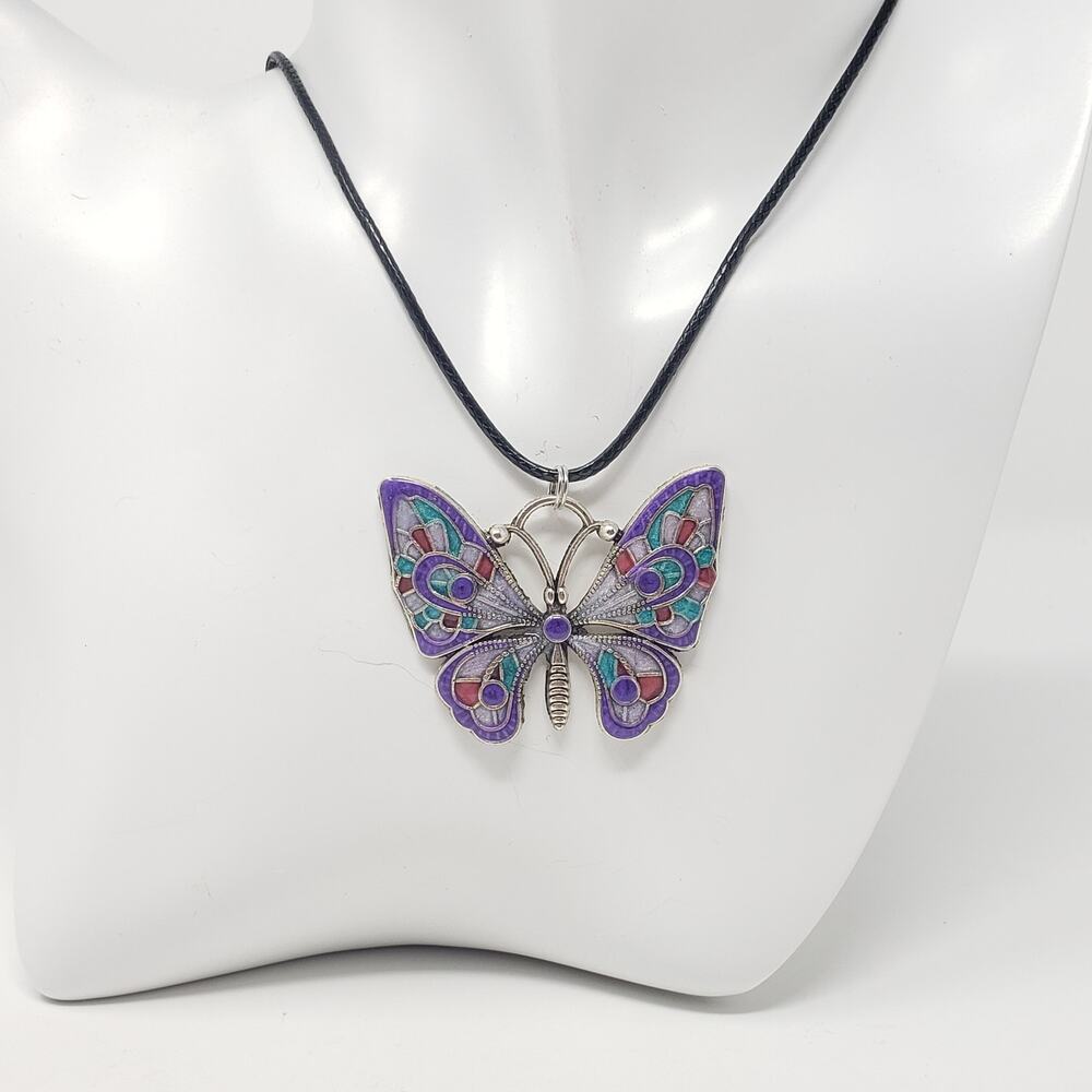 Butterfly Pendant w/ Teal Green, Purple, Pink & Silvery White Resin Necklace